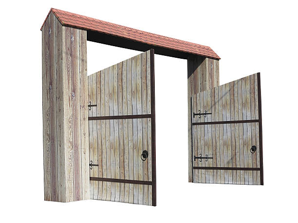 istock Old opened wooden gate isolated on white background 529836871