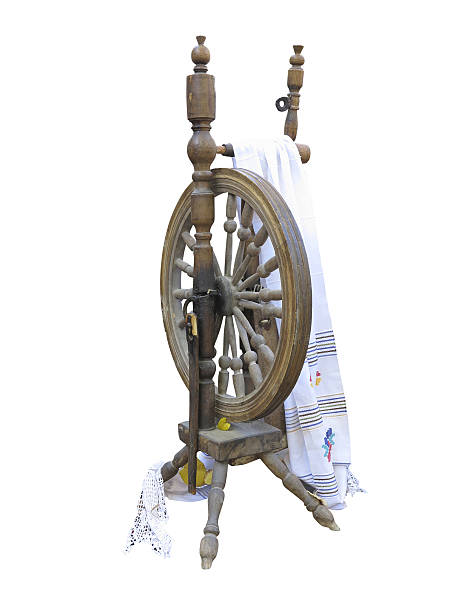 istock Old manual wooden spinning-wheel distaff isolated on white backg 529838215