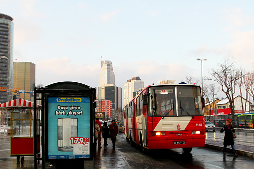 Istanbul, Turkey- February 1, 2012: Scene of bus stop from  buyukdere street,istanbul,Turkey.