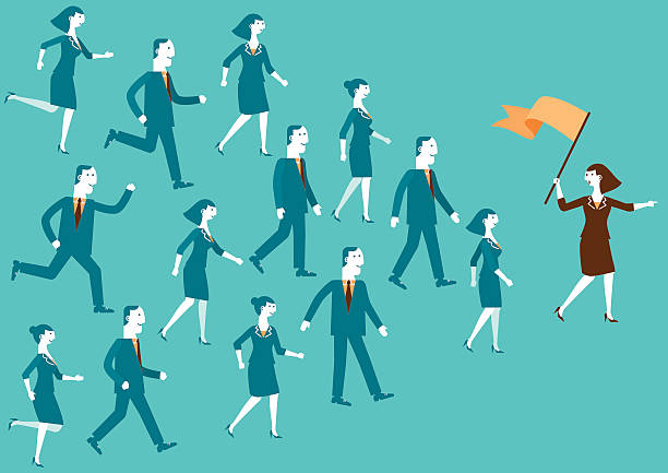 Team Leader Showing The Way | New Biz A leader holding flag, leading team, and showing direction. people working together clip art stock illustrations
