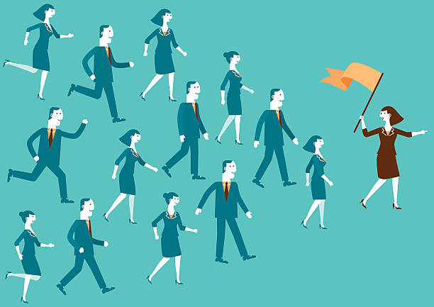Team Leader Showing The Way | New Biz A leader holding flag, leading team, and showing direction. overseeing stock illustrations