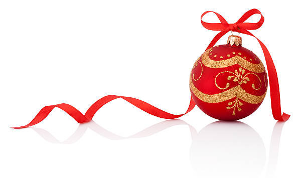 istock Red christmas decoration ball with ribbon bow isolated on white 529873101