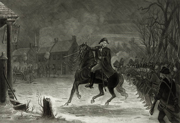 George Washington at the Battle of Trenton This vintage image by Charles Peterson depicts George Washington at the historical Battle of Trenton. Published in 1870, it is now part of the public domain. george washington photos stock illustrations