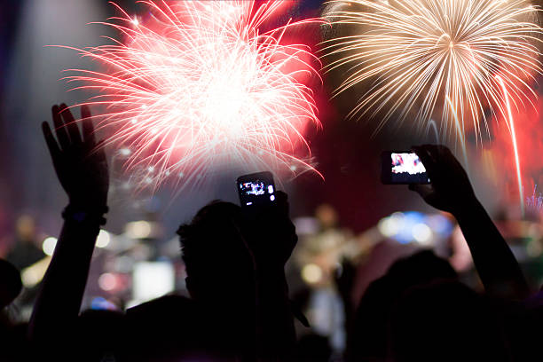 istock New Year concept - cheering crowd and fireworks 529874301