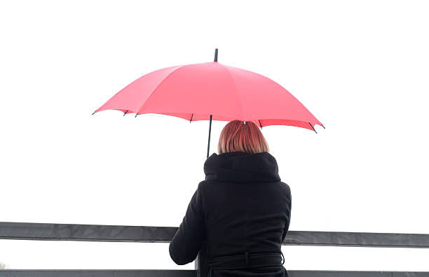 istock Young woman with red umbrella standing at railing,Berlin 529875533