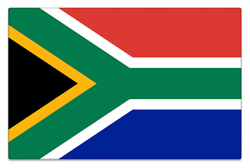 Gloss South African flag on white with subtle shadow.
