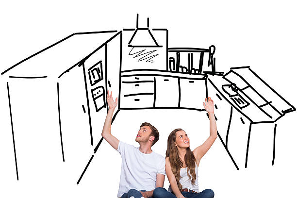 istock Composite image of happy young couple with hands raised 529899089