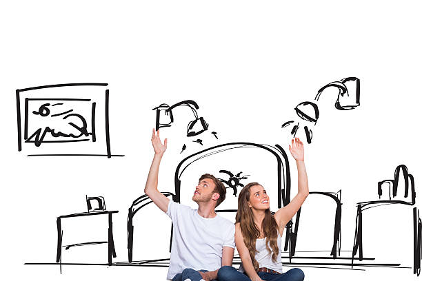 istock Composite image of happy young couple with hands raised 529899195