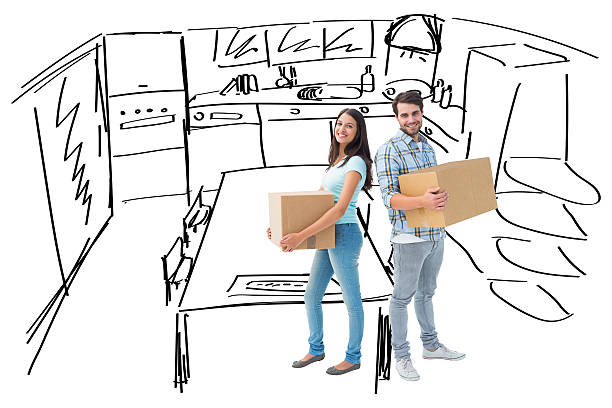 istock Composite image of happy young couple with moving boxes 529899387