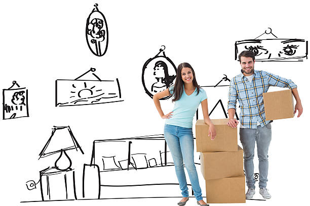 istock Composite image of attractive young couple with moving boxes 529899403