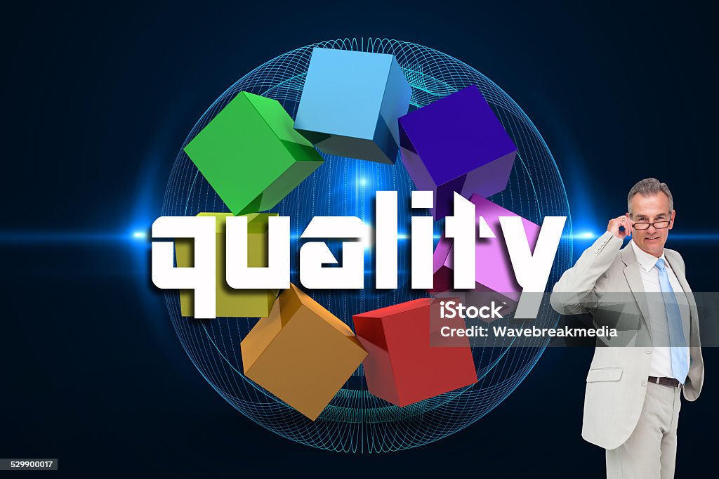 Quality against futuristic glowing black background The word quality and thinking businessman against futuristic glowing black background 50-54 Years Stock Photo