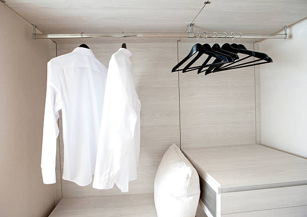 istock white shirts hanging on built-in cloths racks, with drawers and 529900239