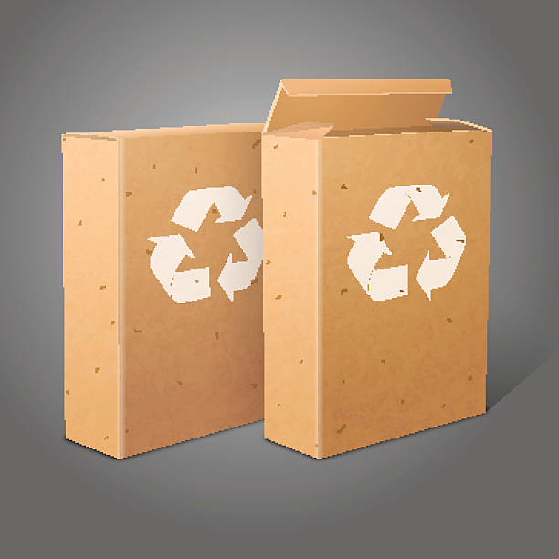Two realistic blank craft paper packages for cornflakes, muesli, cereals Two realistic blank craft paper packages for cornflakes, muesli, cereals etc. Isolated on gray background with recycle sign, for design and branding. Vector illustration blank cereal box clip art stock illustrations