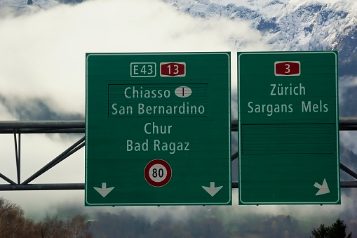 Road signs on the highway in Switzerland