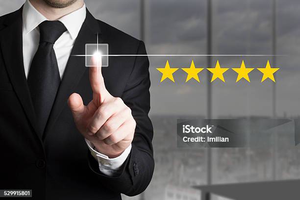 Businessman Pushing Button Five Star Rating Stock Photo - Download Image Now - Homepage, Restaurant, Expertise