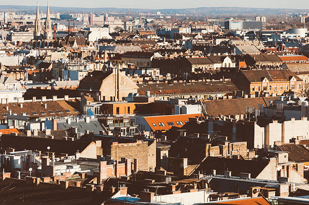 Aerial photo of Budapest in vintage style photo with yellow warm tone