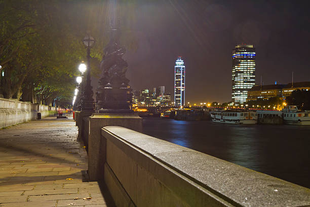Enlightened walkway along River Thames full of ships and skyscrapers on the other side at night. London, UK.
