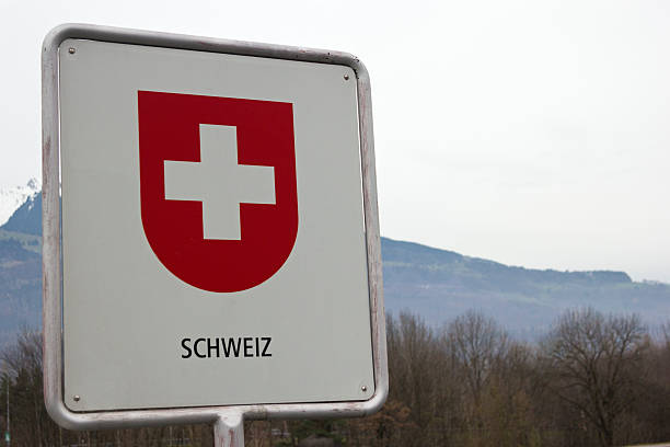 Swiss border sign on the Rhine river