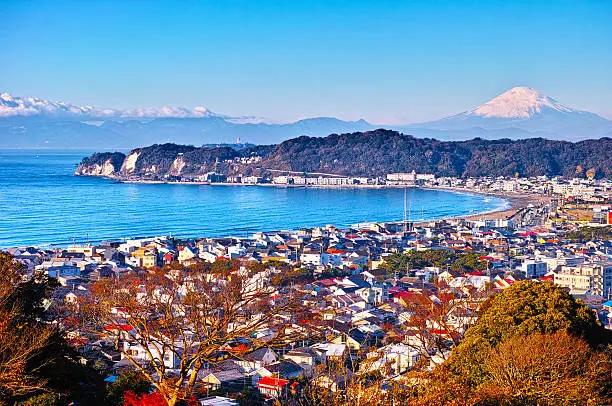 Kamakura city and Mount Fuji. Coast visible in the center, is Yuigahama coast.