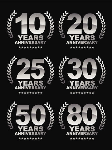 Vector of grey silver color anniversary emblem for 10, 20, 25, 30, 50 and 80 years.