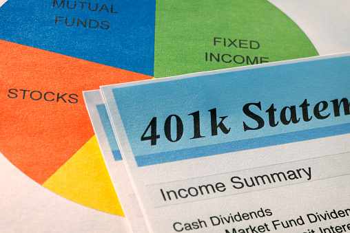 Close up of a 401(k) statement and pie chart.