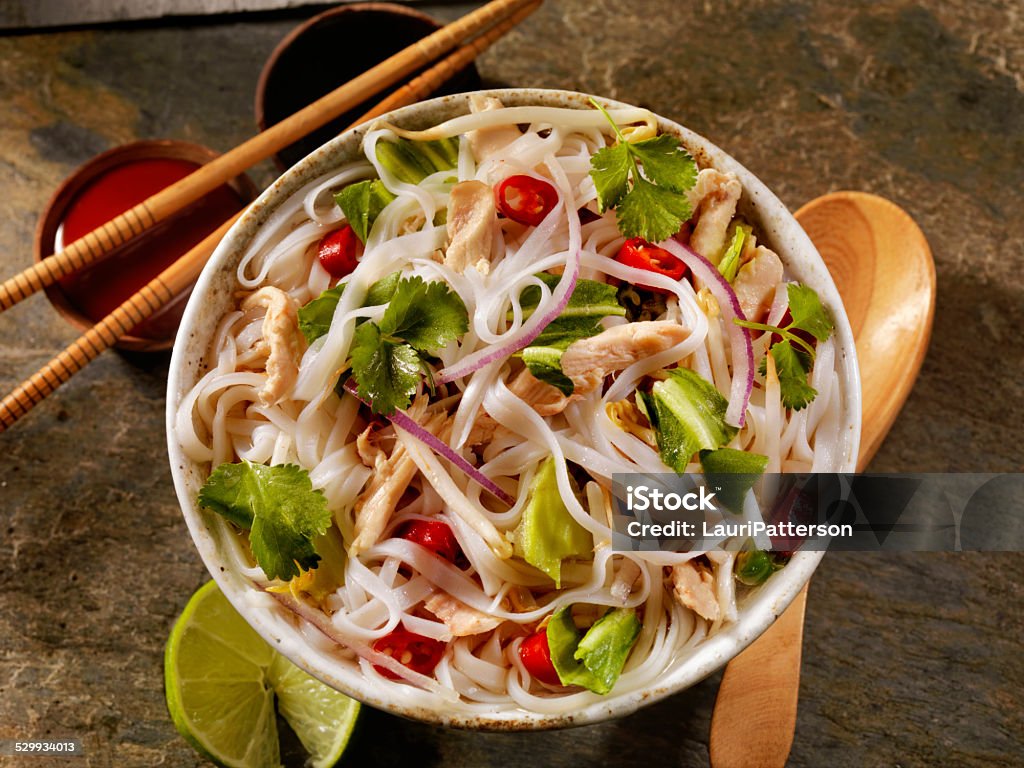 Chicken Pho Grilled Chicken and Rice noodle soup with Carrots, Onions, Peppers and Cilantro -Photographed on Hasselblad H1-22mb Camera Bok Choy Stock Photo