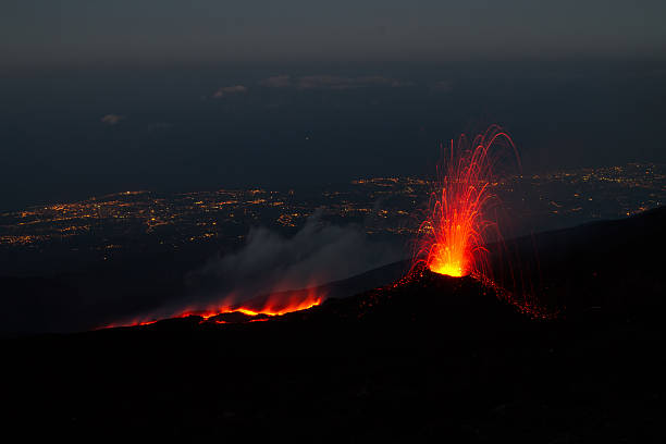 Mount Etna produces fountain of lava stock photo