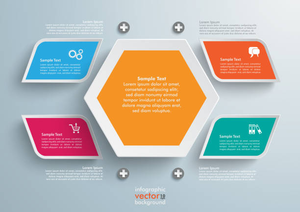 illustrazioni stock, clip art, cartoni animati e icone di tendenza di 4 colori rettangoli esagonale infografica con smusso - gear machine part wheel four objects