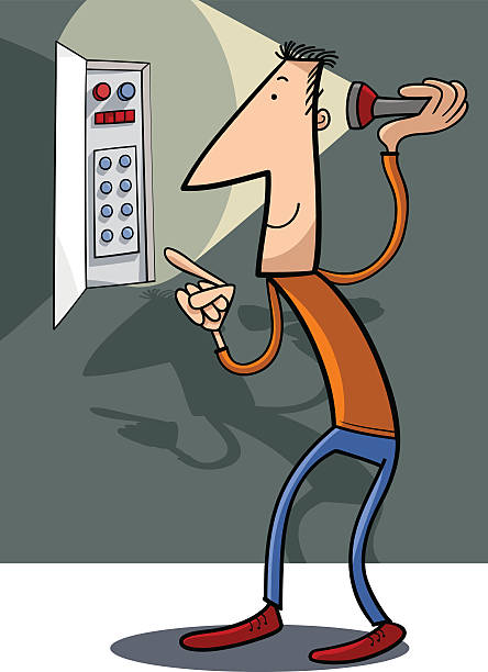 man fix electricity cartoon illustration Cartoon Illustration of Man Trying to Fix Electricity Failure electrical fuse drawing stock illustrations