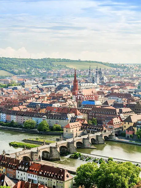 Wuerzburg City Panorama. Medieval City with famous church towers in Bavaria near Munich