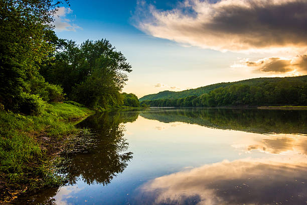 Evening reflections in the Delaware River, at Delaware Water Gap stock photo