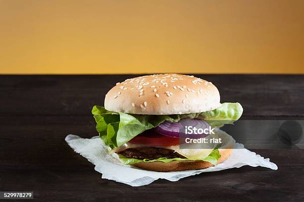 Hamburger On Plate Stock Photo - Download Image Now - Beef, Bread, Burger