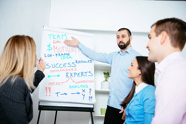 istock Group of young professionals on corporate workshop discussing business results 529978838