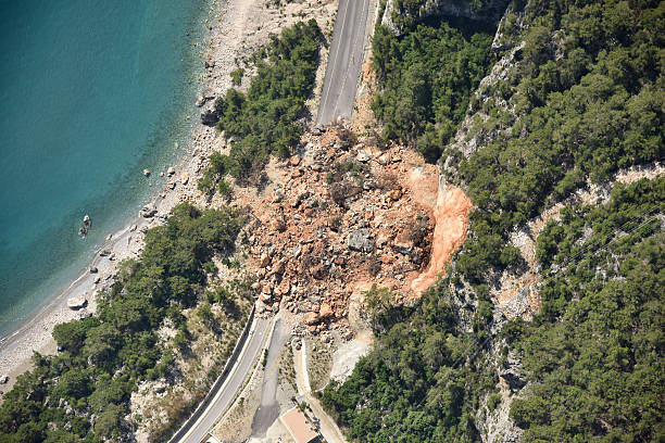 Aerial View of Landslides on road near the seaside stock photo