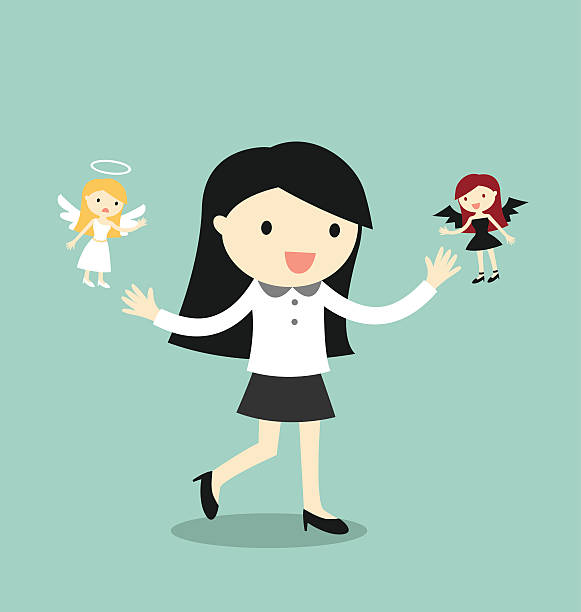 kobieta biznesu z anioł i diabeł. - expressing positivity devil angel moral dilemma stock illustrations