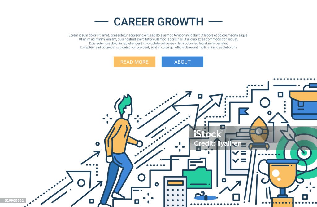Career Growth line flat design website banner Illustration of vector modern line flat design business composition and infographics elements with a male working his way up the career ladder Occupation stock vector