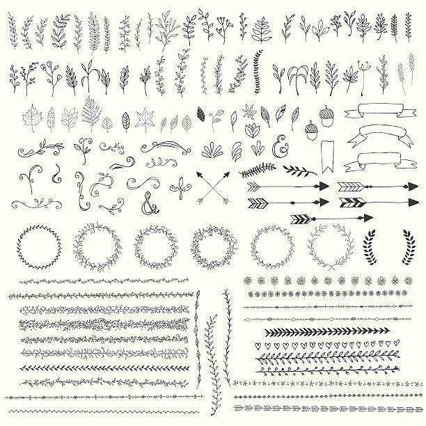 ilustrações, clipart, desenhos animados e ícones de mão desenhadas vintage folhas, setas, penas coroas de flores - wedding pattern decor retro revival