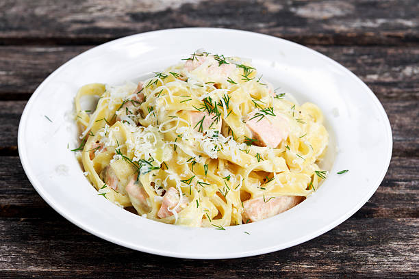 istock tasty pasta with salmon, dill on plate 529990546