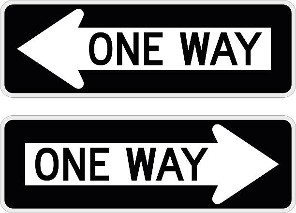 One Way Sign Vector illustration of a "one way" road/street sign. Illustration uses no gradients, meshes or blends, only solid color. Each sign is on its own layer, easily separated from the other sign in a program like Illustrator, etc. Both .ai and AI8-compatible .eps formats are included, along with a high-res .jpg, and a high-res .png with transparent background. one way stock illustrations