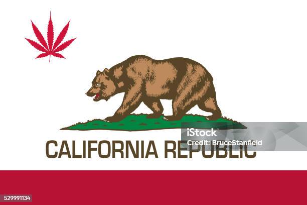 State Flag Of California With Red Cannabis Leaf Stock Photo - Download Image Now - Addiction, Bear, Brown