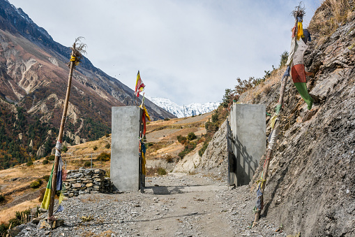 Entrance to traditional Nepali village - Khangsar. Annapurna region.