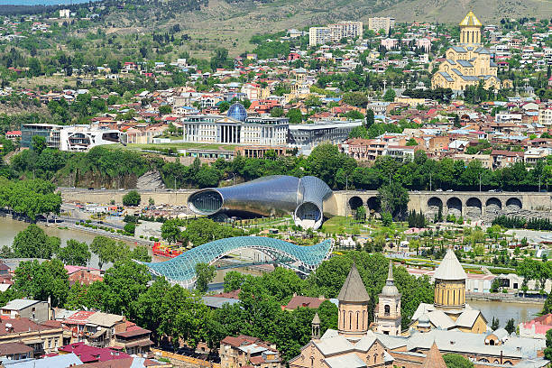 center of old Tbilisi. Georgian Presidential Palace. Orthodox ch stock photo