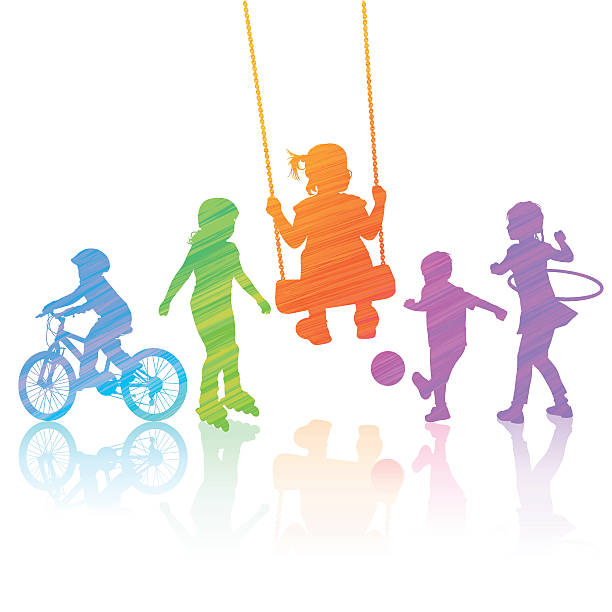 ilustraciones, imágenes clip art, dibujos animados e iconos de stock de happy niños jugando - swing child silhouette swinging