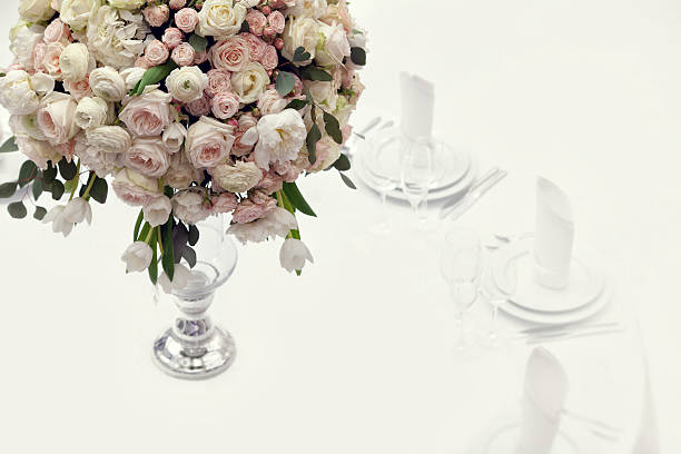 Beautiful flowers on table in wedding day. Luxury holiday background. stock photo