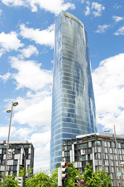 Bilbao, Spain - May 9, 2016: Exterior view of the southeast side of the Iberdrola tower. Headquarters of the electric company Iberdrola. It's the highest building on the basque country, Spain. The tower was designed by architect Caesar Pelli in 2011.