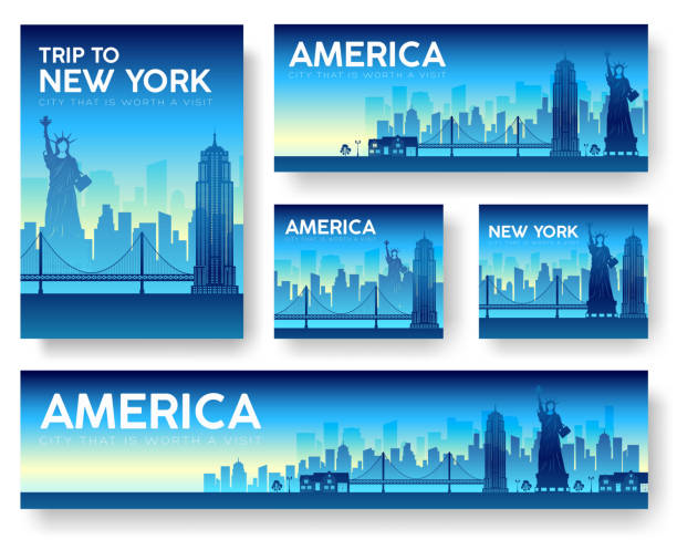 USA landscape vector banners set USA landscape vector banners set. USA icons. USA posters. USA banners. USA flyer. Flat USA brochure with typography. USA invitation. USA cards. USA mock up. USA label. Japan night. USA new york city. patriotic quilt stock illustrations