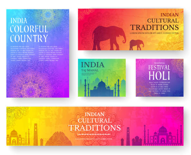 Set of Indian country ornament illustration concept Set of Indian country ornament illustration concept. Art traditional, poster, book, poster, abstract, ottoman motifs, element. Vector decorative ethnic greeting card or invitation design background. india indian culture taj mahal temple stock illustrations