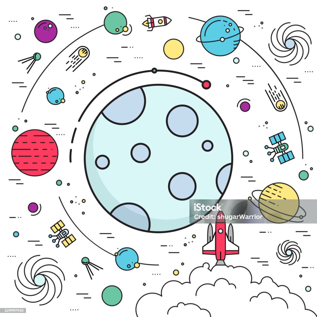 Outer space rocket flying flying to the moon background Set of huge space infographic universe illustration. Outer space rocket flying up into the solar system with a lot of planets background. Vector thin lines icons stars in galaxy design concept. Outer space rocket flying flying to the moon background. Set of huge space infographic universe illustration. Vector thin lines icons stars in galaxy design concept. Aerospace Industry stock vector