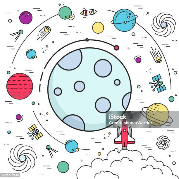 Outer Space Rocket Flying Flying To The Moon Background Stock Illustration - Download Image Now