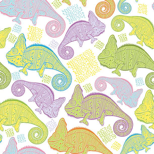 seamless pattern with cartoon красочные chameleons. - safari animals wild animals animals and pets reptile stock illustrations